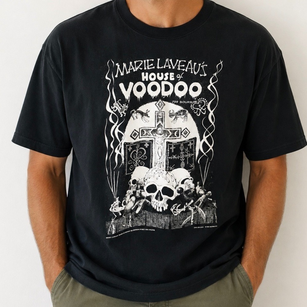 Vintage Marie Laveaus House of Voodoo New Orleans T-Shirt XL Black Skulls Cross